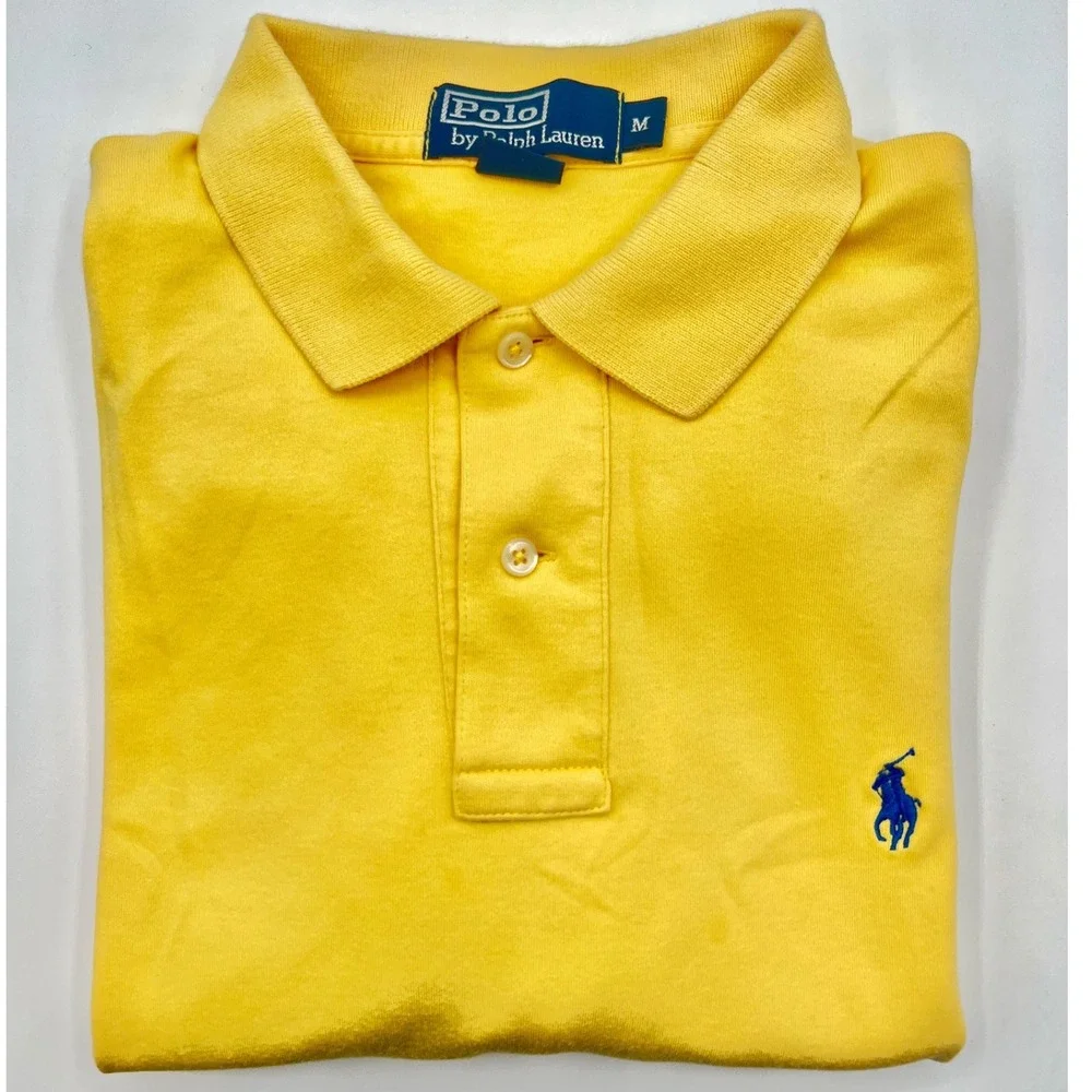 Y2K Polo by Ralph Lauren Mens Long Sleeve Polo Shirt‎ Yellow Cotton Medium 0496